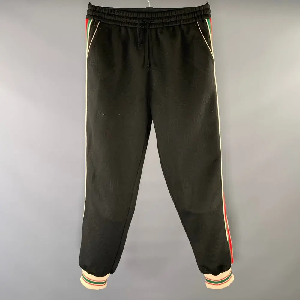 GUCCI Size L Black Monogram Cotton Sweatpants Casual Pants